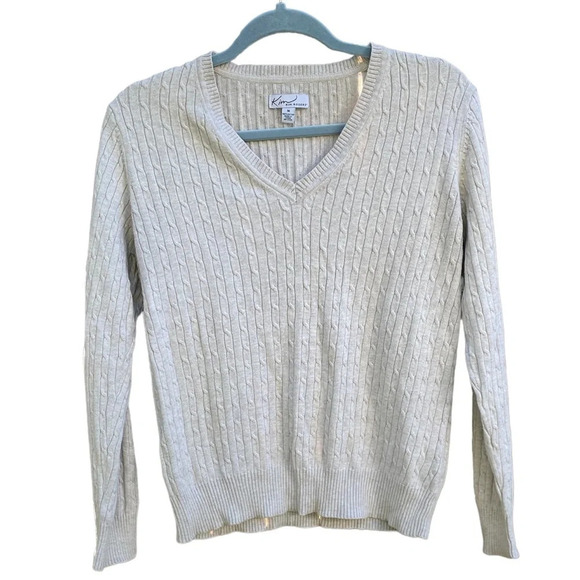 KIM ROGERS CLASSIC BEIGE CABLE KNIT V-NECK SWEATER - Picture 1 of 3
